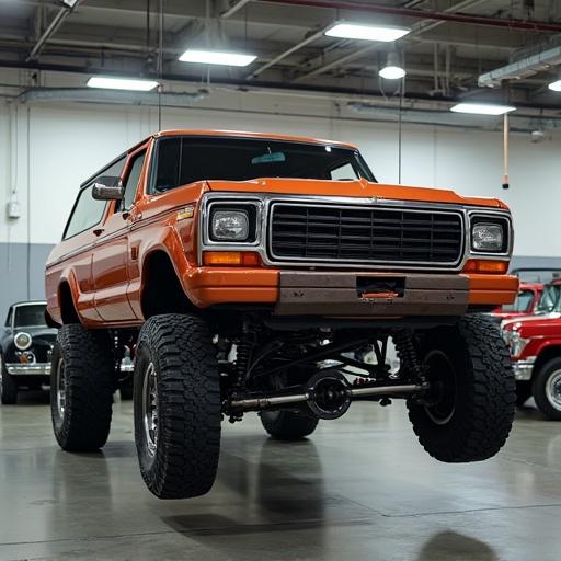 A bright orange lifted truck displayed in a well-lit indoor setting highlighting its suspension system. The vehicle features large tires and a rugged design. Background includes classic cars, emphasizing the automotive theme.