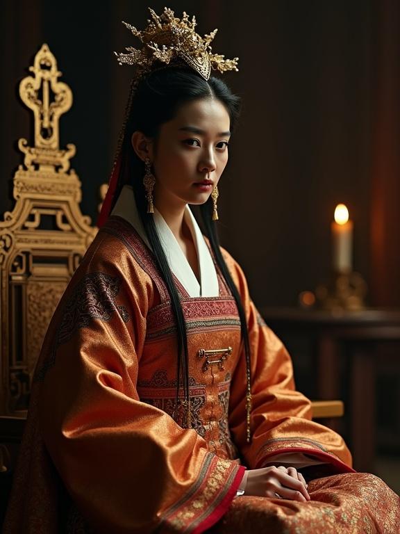 Dimly lit royal court in 16th-century Joseon Korea. Queen Munjeong sits on a golden throne dressed in elaborate hanbok. Her eyes appear cold and calculating.
