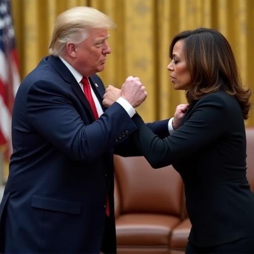 Image of two political figures engaging in a fist bump. Capture the expressions and interactions. Golden drapery in the background. Display the unique styles of both individuals.