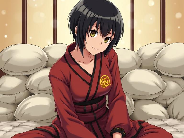 An animated character dressed in a red ninja outfit sits on a pile of pillows. The character has short black hair and a cute expression. The background is soft and warm, emphasizing a cozy atmosphere.