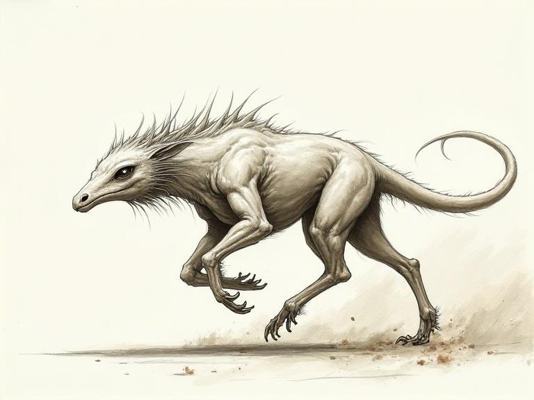 Technical drawing of a swift creature. Creature has a slender body and runs at high speed. It is called upon to fight opponents. This swift being possesses speed and power due to natural ability and experience.