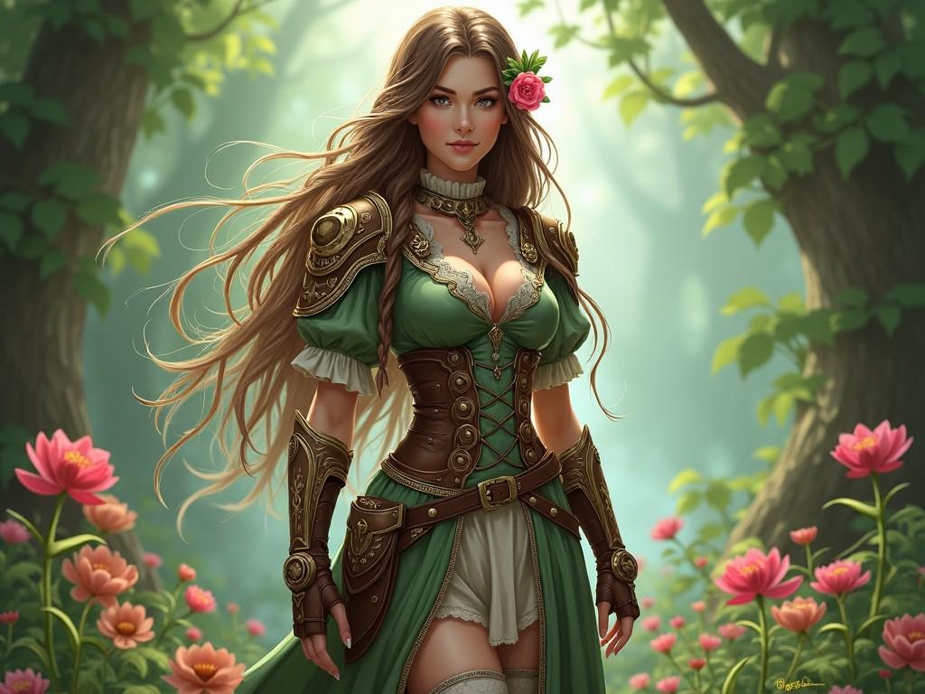 The image depicts a female character in an elaborate, fantasy-style outfit. She stands confidently in a lush forest, surrounded by vibrant flowers and greenery. Her long, brown hair cascades down her shoulders, adorned with a delicate flower hairclip. The outfit features intricate floral details, combining beauty and combat readiness, with elements suitable for both adventure and elegance. This character embodies the power of nature and botany, positioned as a defender against evil forces. Green, brown, and pink hues dominate the attire, blending harmoniously with the surrounding environment.