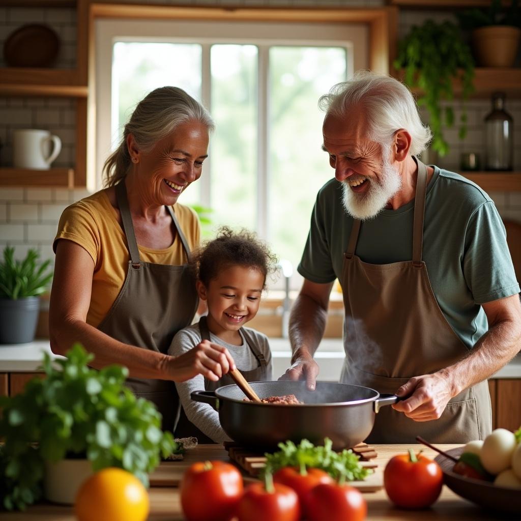 Family cooking together in a cozy kitchen. Grandparents cooking with cheerful grandchild. Pot filled with ingredients on the table. Sunlight streaming through the window. Fresh vegetables creating a warm atmosphere. Captures joy of sharing family recipes.