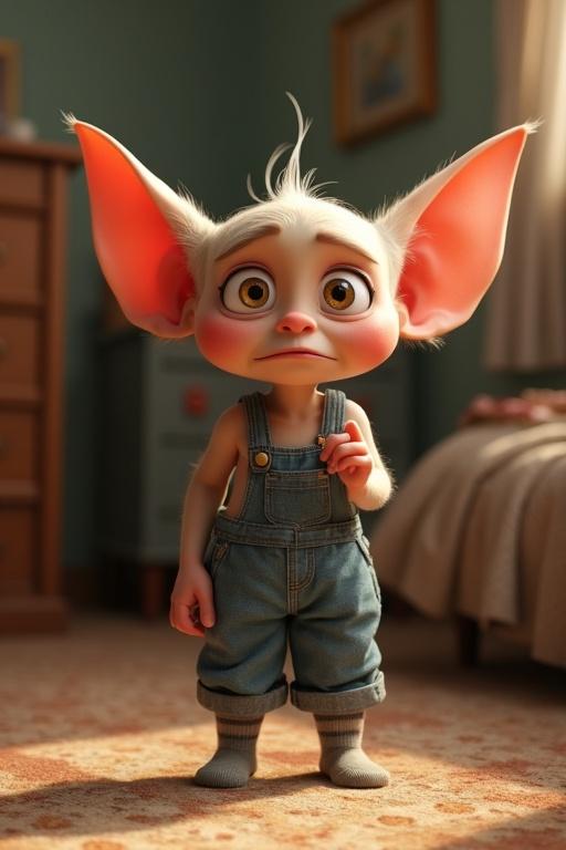 A hyperrealistic 3D cartoon humanoid creature with oversized eyes wearing baggy overalls in a cluttered bedroom. The creature has huge ears and sharp teeth with a furrowed brow showing confusion. The expression is exaggerated. The lighting is cinematic with a shallow depth of field giving a stylized Pixar look.