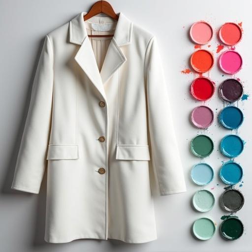 Design of a white coat alongside a vibrant color palette for inspiration. The coat is tailored with structured elements. The palette consists of various colors including coral, teal, mint green, and peach.