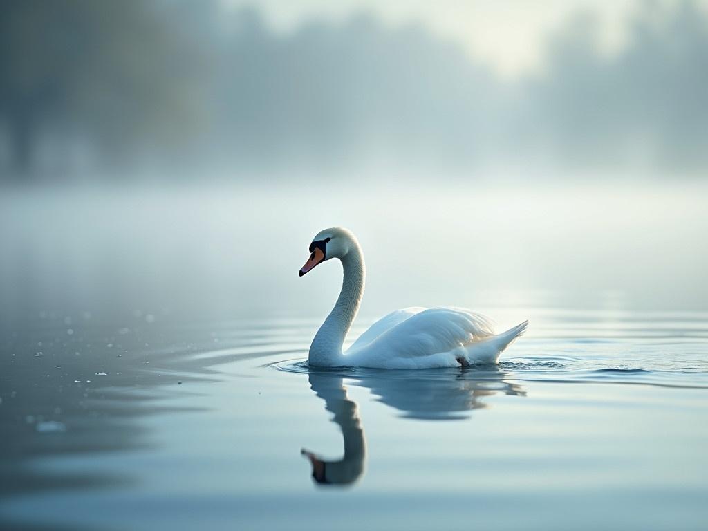 The image shows a serene white swan gracefully gliding on a calm body of water. The water reflects the swan perfectly, creating a mirror-like effect. The background is softly blurred with a gentle light that gives a tranquil atmosphere. The swan's feathers are fluffy and pristine, adding to the elegance of the scene. The overall color palette consists of cool tones, enhancing the peacefulness. The entire composition conveys a sense of calm and beauty in nature.