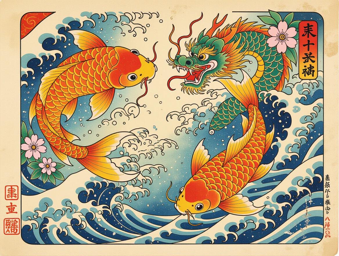 Colorful Japanese irezumi tattoo flash sheet featuring koi fish and dragons. Decorated with sakura flowers and waves in watercolor and ink. Artwork is on rice paper showing subtle texture and intricate patterns. Rich in cultural symbolism and vivid colors.