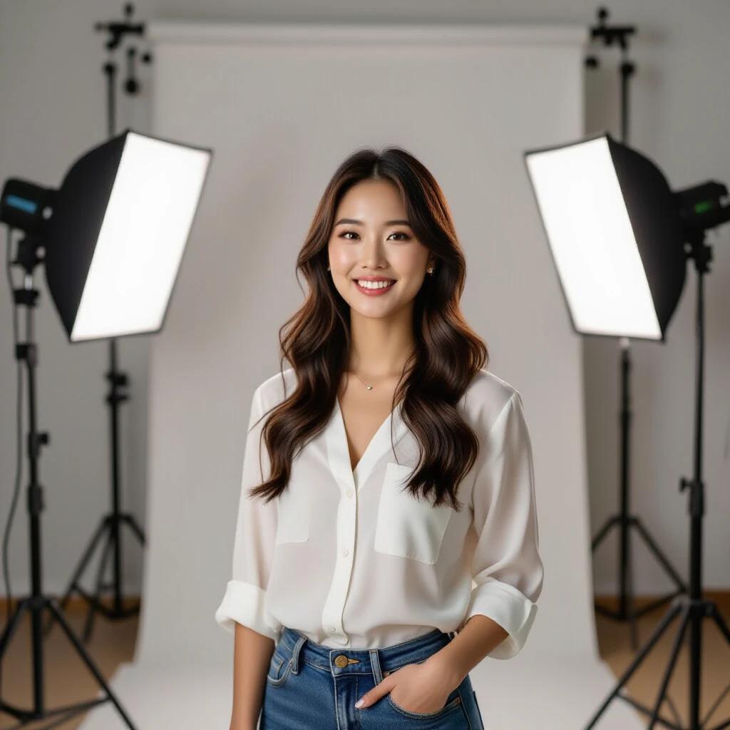A woman stands confidently in a photo studio wearing a white blouse. Professional lighting is set up around her with softboxes. The background is a plain studio back wall. She has long, wavy hair. Camera focuses on her upper body and outfit.