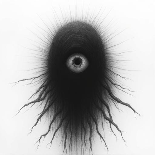 Monochrome pencil drawing of a dark irregular shape with a small open bloodshot eye at its center. The shape has rays radiating outward. The background is a pitch-black void with no light.