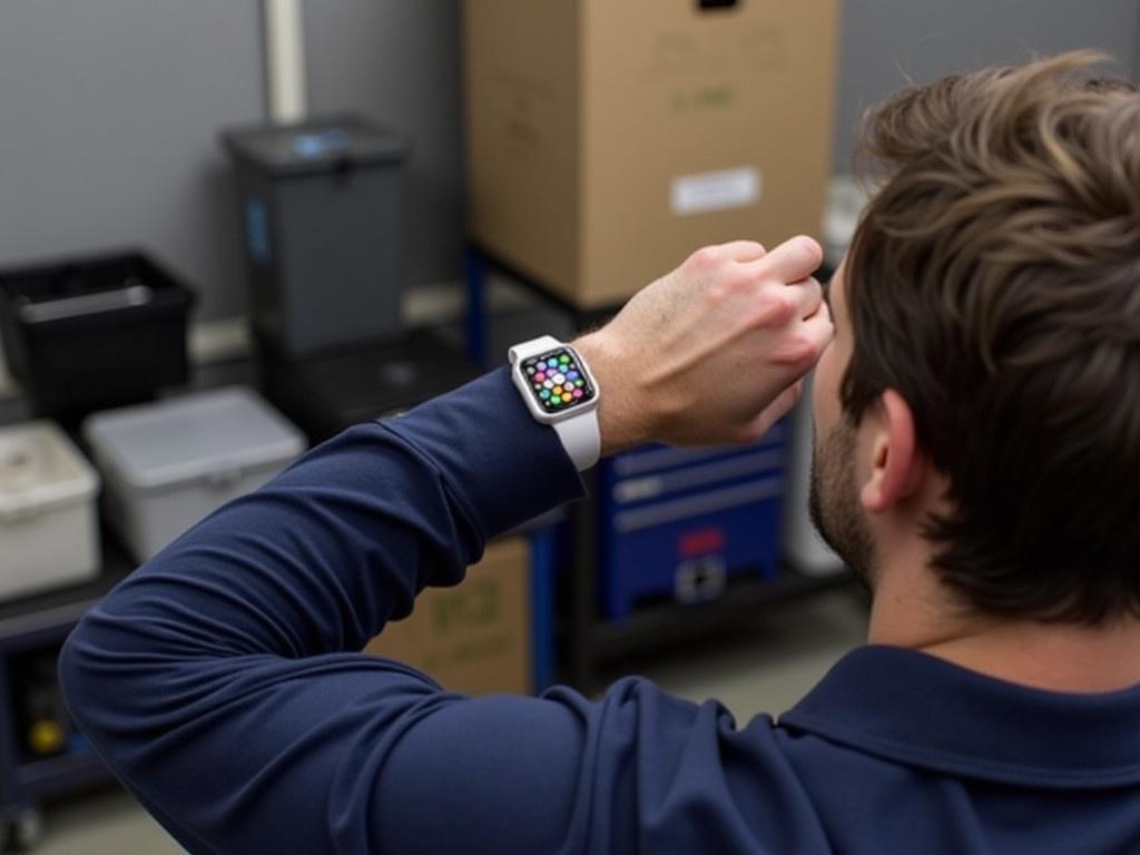 A person wearing a dark blue long-sleeve shirt is shown in an indoor setting. The individual has their left arm raised, displaying a smartwatch on their wrist. The smartwatch shows a colorful digital interface with various icons and numbers. In the background, there are several items, including containers and a cardboard box, which suggest that this may be a garage or workshop environment. The setting appears well-lit with a subtle shine reflecting off the surface behind the person.