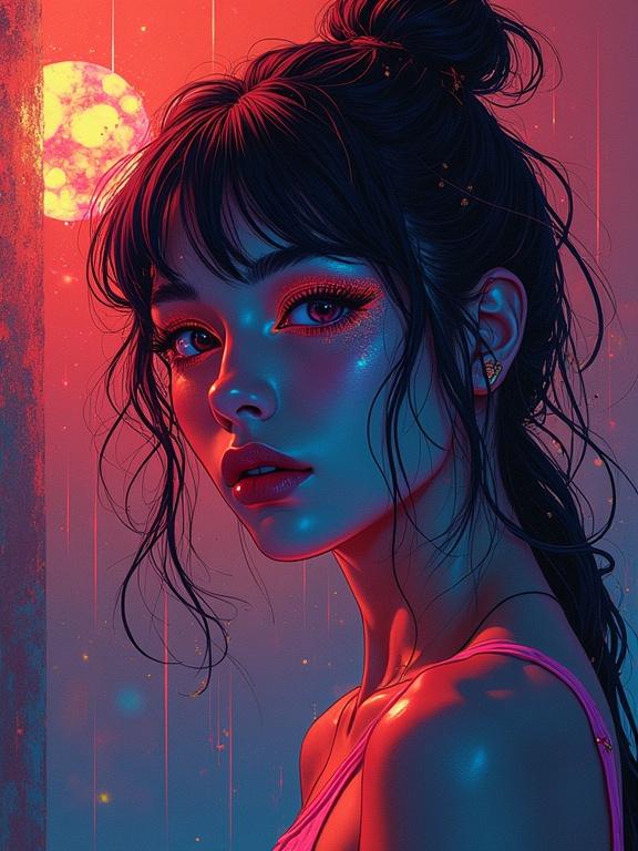 Portrait of a female figure in neo-impressionism style. Features vibrant colors and retrofuturistic lighting. Intricate and hyperdetailed artwork with dynamic shades. Focus on the female's facial expression and eye makeup.