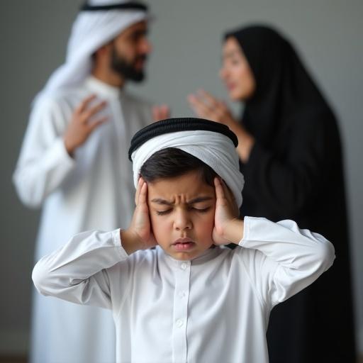 Photograph of a young Qatari boy standing at the center of the frame. He appears distressed wearing a white Qatari thobe and white ghutra. The boy covers his ears with his hands with eyes tightly closed. In the blurred background, parents are arguing. Father wears a white thobe and ghutra gesturing. Mother in a black abaya looks upset. Neutral gray background with soft studio lighting. Focus on the child's emotional expression.