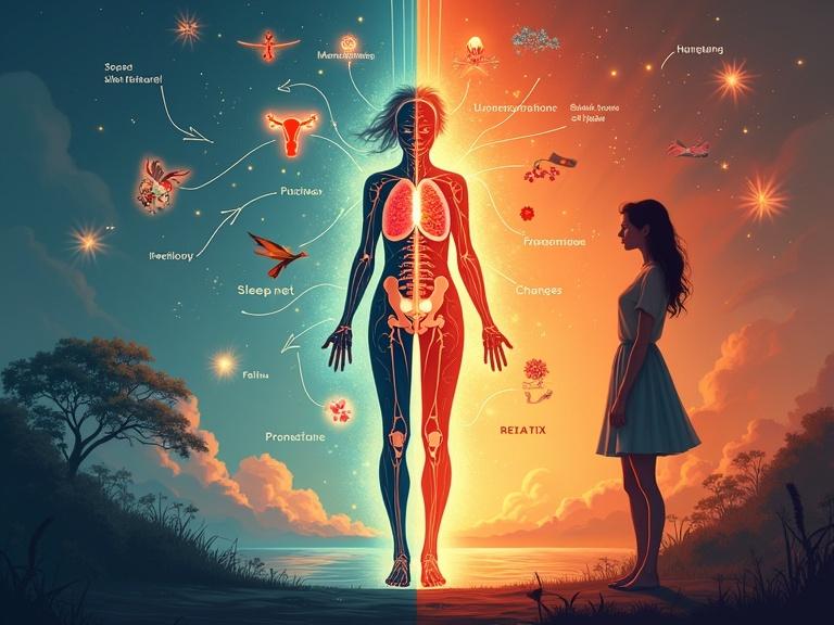 Symbolic representation of menopause science and empowerment. Half illustration of female body showing organs with hormonal connections. Common symptoms depicted with visual elements. Other half shows confident woman in warm light. Surrounding symbols of wisdom and power. Glowing bridge connects both sides. Text above: 'Understanding the Change, Embracing the Power.'