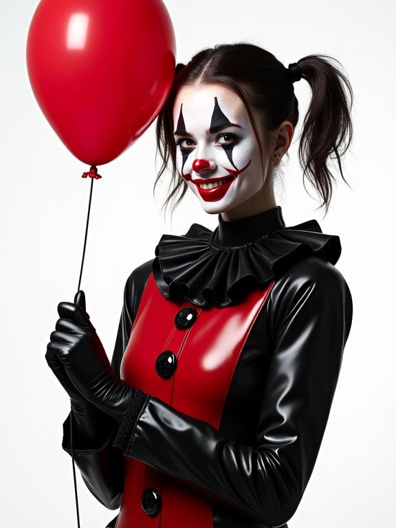 A young slim female clown smiling with dimples. Dressed in a shiny red and black clown suit. Wearing black shiny gloves. Faces painted in red, black, and white with clown design. Holding a red balloon. Short dark slick hair in pigtails. White background with detail and texture.