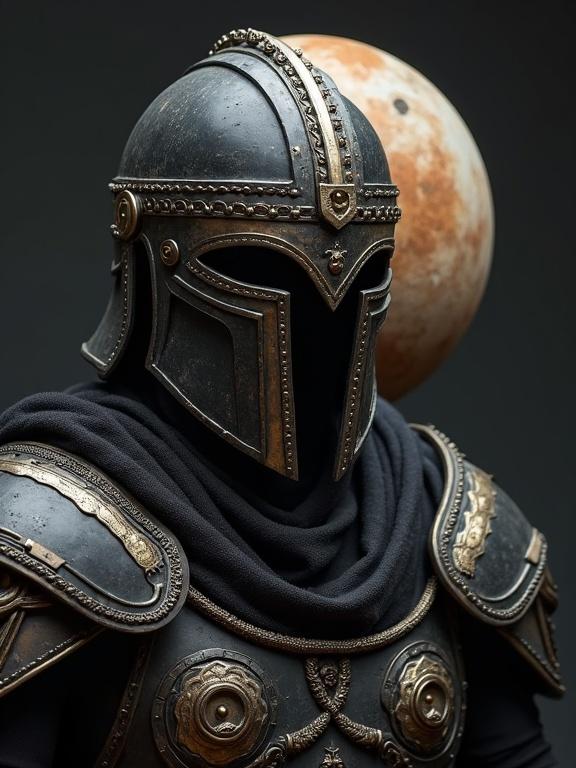 Image depicting an anthropomorphic character representing the planet Pluto. Character wears a helmet and black armor inspired by Greek and Roman mythology.