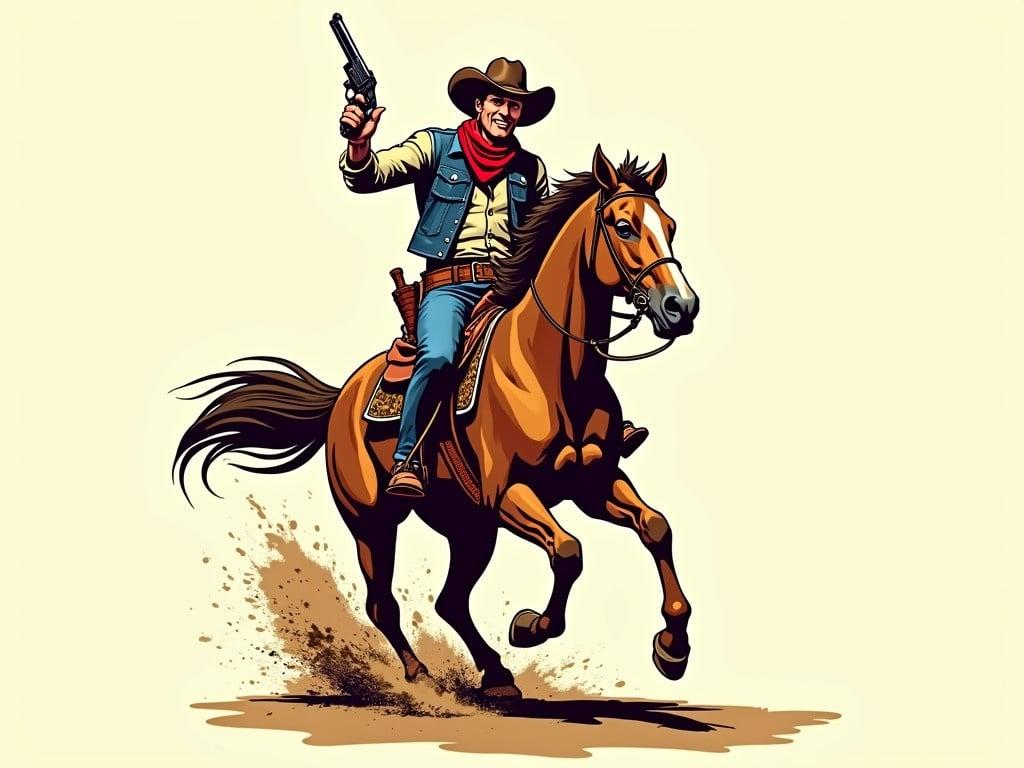 The image depicts a cowboy riding a galloping horse, showcasing a classic western theme. The cowboy is dynamic, holding a revolver and wearing traditional attire, including a hat and a red bandana around his neck. The horse is powerful and muscular, kicking up dirt as it leaps forward. The background is simple, emphasizing the action and intensity of the scene. The overall illustration has a bold comic style with vibrant colors, making it visually striking.