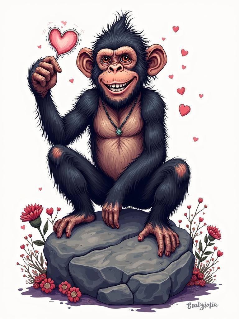 A psychedelic hipster monkey sits happily on a rock. Monkey holds a heart-shaped lollipop. Surrounded by colorful flowers, pink hearts float around. This illustration features a white background. Highly detailed and vibrant art.