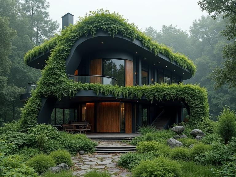 A futuristic dark home designed from plant-based materials. Showcases botanical designs and wooden accents. Features a haunted house silhouette crafted from live plants. Reveals natural wood grain and reinforced with bioengineered elements. Merges modern architecture and nature with technology. High-quality detailed imagery.