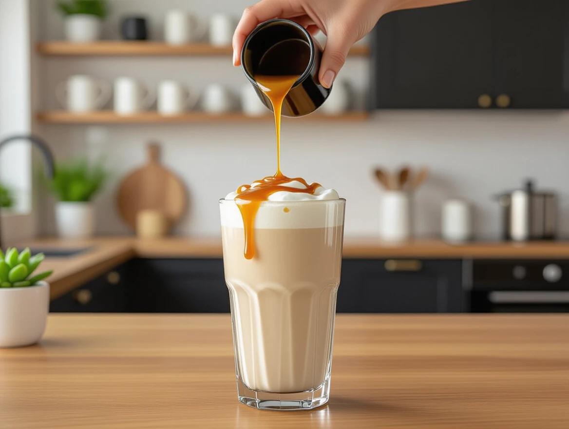 Close-up photograph of caramel poured over a creamy milk drink in tall clear glass. Caramel drizzles from black lidded glass container. Light beige drink in modern kitchen with dark wooden counters. Black cabinets and white ceramic mugs visible. Small green plant in white pot on counter. Warm natural lighting, low angle shot with glass centered.