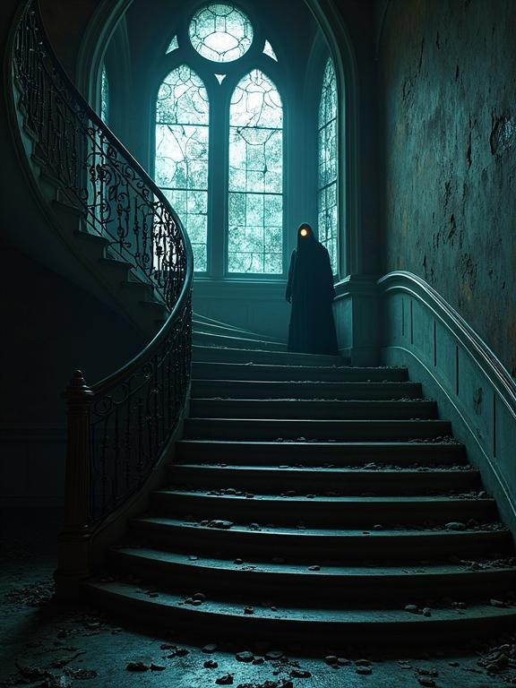 A grand Belle Époque-style staircase in a dilapidated mansion with ornate Art Nouveau railings. Moonlight streams through shattered stained-glass windows casting ghostly light. A figure with glowing eyes watches from the shadows at the top of the stairs.