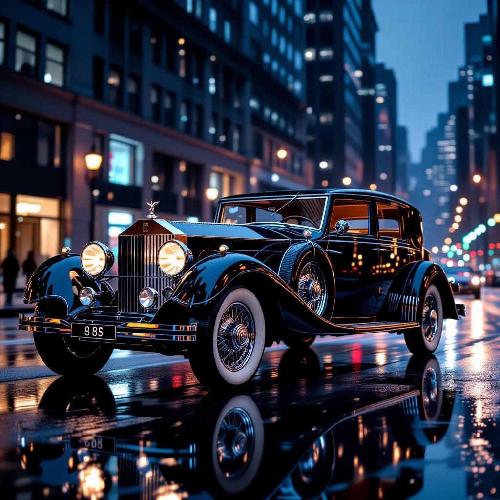 Ultra-detailed representation of a beautiful woman and a 1929 Rolls-Royce Phantom II. Chrome details reflect rain-slicked city lights. Focus on luxurious aesthetics of the Art Deco style.