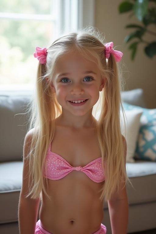 Child with long blonde hair styled in twin tails with pink bows in a softly lit living room. Wearing a pink bikini and smiling beautifully. The setting appears comfortable and inviting.