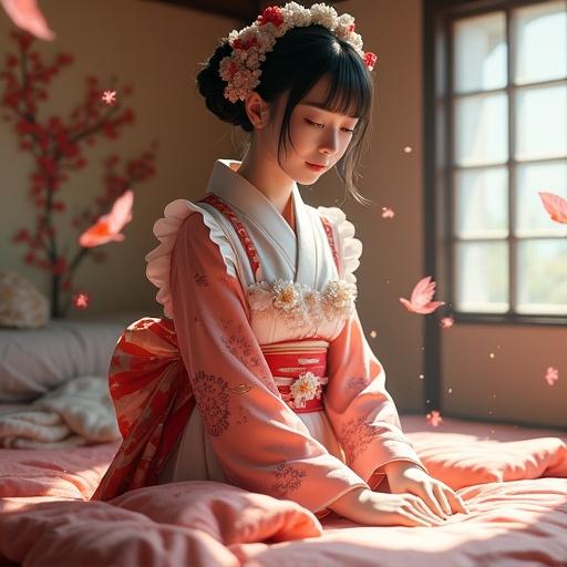 A beautiful maid blends traditional Japanese kimono elements with a classic maid outfit. Wears a uniquely styled uniform featuring kimono sleeves. Colorful obi over apron with patterns of cherry blossoms and cranes. Hairstyle adorned with kanzashi and flowers. Set in a luxurious Japanese-style room or fantasy fusion. Gracefully performing chores like folding futons or cleaning. Magical particles float around her, creating an elegant atmosphere. Hyper-realistic.