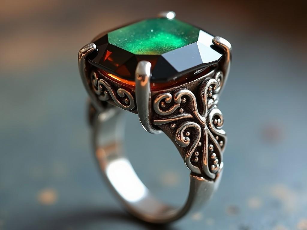 The image features a beautifully designed silver ring with a large, faceted gemstone on top. The gemstone exhibits a mesmerizing blend of colors, shifting from green to brown to black as it catches the light. The ring has a unique claw-like setting that enhances its striking appearance. The silver band is polished to a shiny finish, complementing the gemstone perfectly. The overall design is eye-catching and elegant, suitable for both casual and formal occasions.