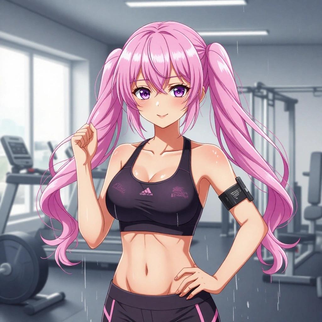 Anime character in a fitness studio after a workout. Character has pink hair and wears fitness attire. Gym setting with exercise equipment in background.