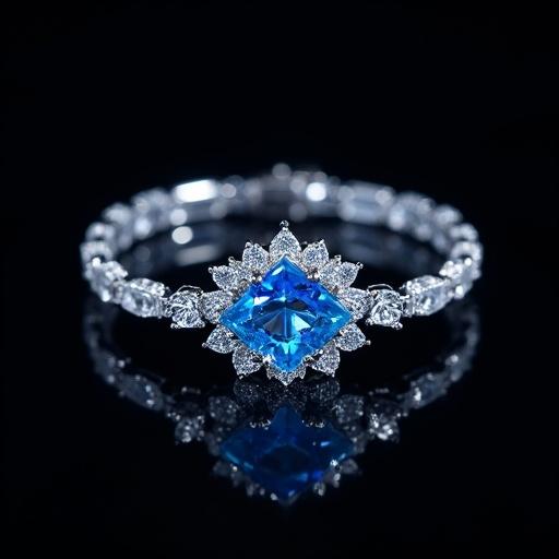 Bracelet design featuring a central blue topaz with diamonds in a unique artistic style. Photorealistic representation with dramatic lighting on a black background. Fine art jewelry displayed with high detail and quality.