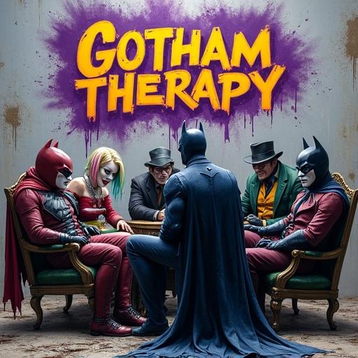 A vibrant graffiti-style artwork showing Batman with his villains in a chaotic therapy session. Background features crumbling therapy room with urban decay elements. Each character has unique styles and colors. Batman is rigid with a dark purple backdrop. Text reads 'Gotham Group Therapy' in graffiti font. Composition is dynamic and visually striking with bold colors and sharp lines.