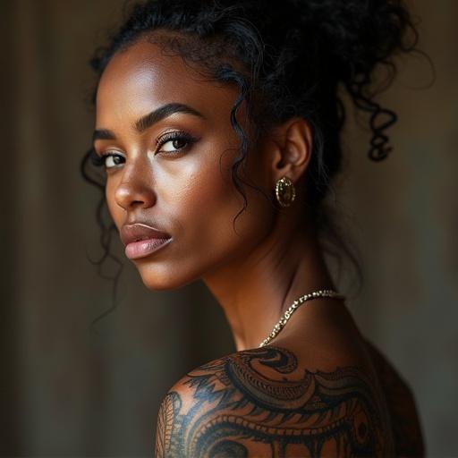 Woman with brown skin and tribal tattoos posing in profile. Features golden jewelry and natural hair. Soft lighting enhances facial features and tattoos.