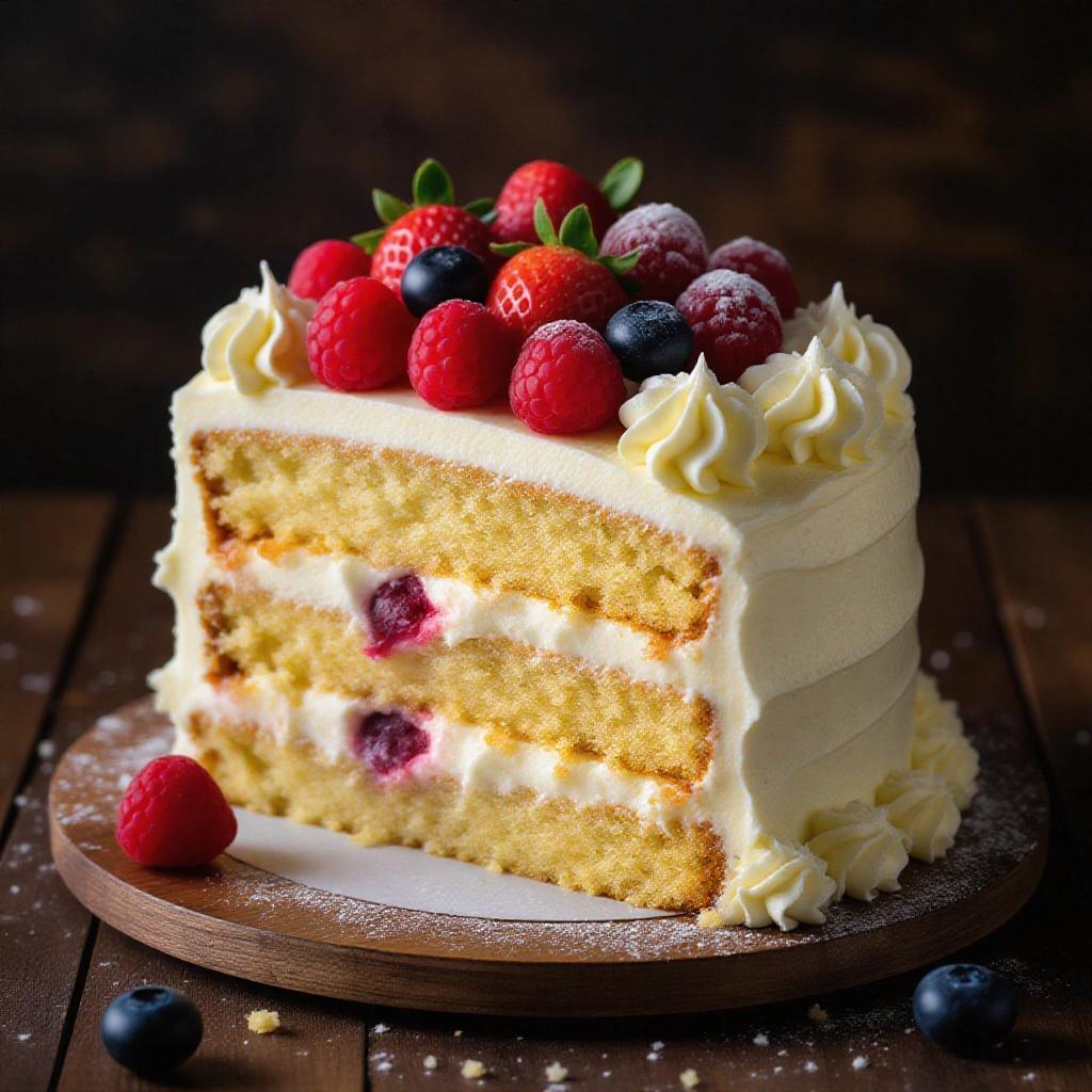 A beautifully decorated layered cake with cream frosting and topped with fresh strawberries raspberries and blueberries. The cake has visible layering and a wooden platter underneath.