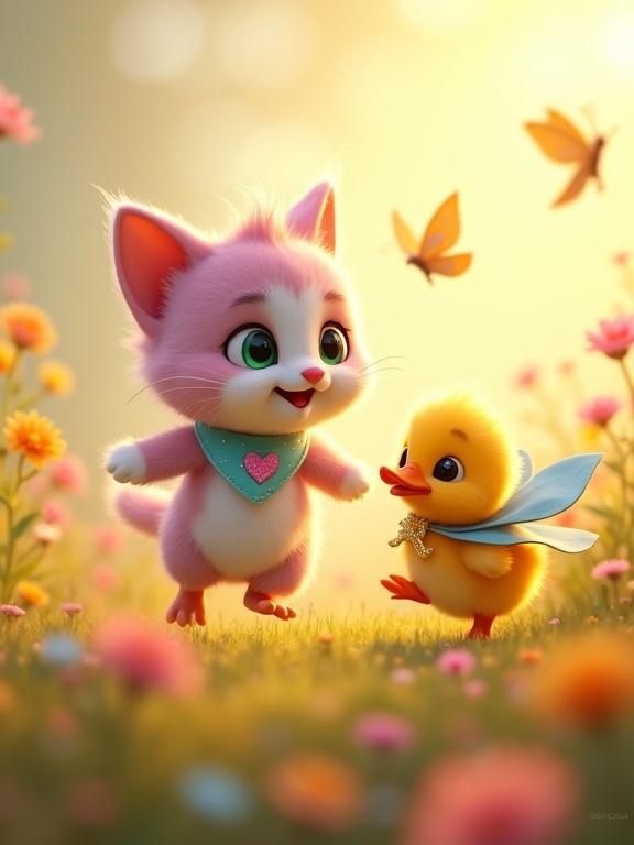 A golden sun warms a dreamy meadow bursting with wildflowers. A fluffy pink kitten leaps after butterflies. A tiny duckling waddles joyfully beside the kitten. Whiskers has large expressive green eyes and a blue bandana stitched with a pink heart. The duckling has glossy black eyes. The two animals share a joyful moment in the flowers. Their giggles fill the scene as they play. The sun casts a heavenly glow on this enchanting moment.