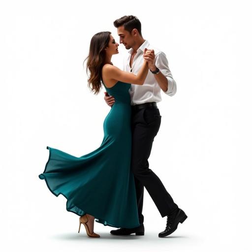 Young couple dancing bachata on white background. Woman in deep teal dress and man in open white shirt. Close intimate pose shows body connection.