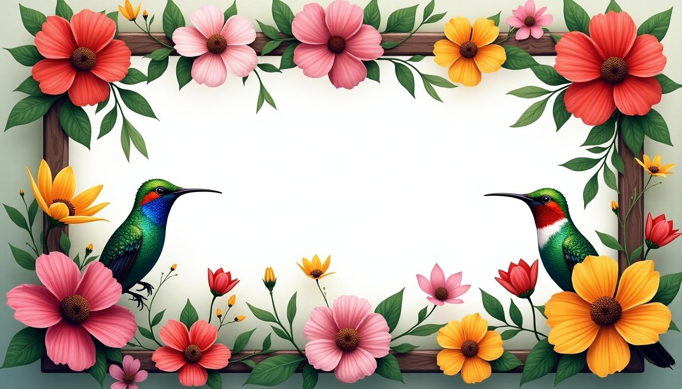 Horizontal frame with dimensions highlighting colorful flowers and hummingbirds. Flowers in various colors surround the composition. Hummingbirds placed on both sides. Clear space in the center for text or images.