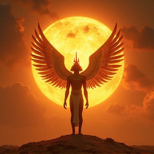 A mythological figure with large wings stands against a glowing sun. The scene symbolizes rebirth and divine presence.