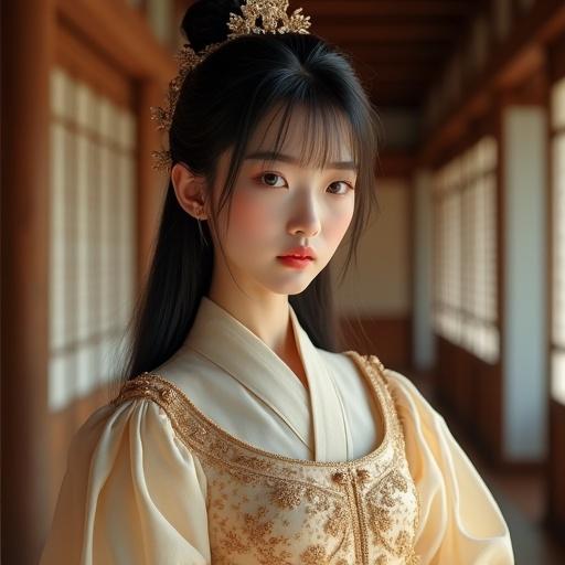 Portrait of an elegant East Asian woman. She has expressive brown eyes. She wears a luxurious dress blending Japanese and medieval European styles. The gown is adorned with gold embroidery. Features high slits and long sleeves. Background shows traditional Japanese architecture. Lighting is warm and cinematic.