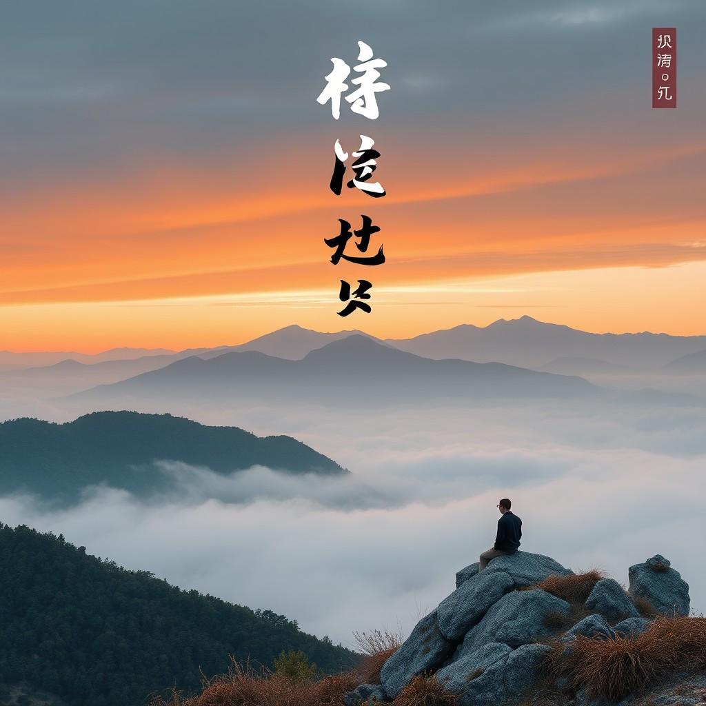 A person sits on rocks observing a stunning mountain sunrise above a cloud-filled valley.