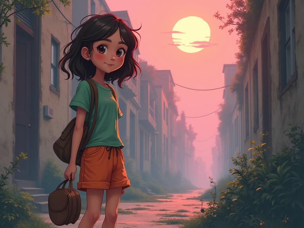 The image features a young girl with a playful expression, characterized by her medium-length brown hair and fair skin tone, suggesting she is of mixed ethnicity. She wears a casual short-sleeve green shirt and orange shorts, holding a round bag at her side. The background depicts a desolate urban setting with crumbling walls and hints of overgrown vegetation, illuminated by soft, pink lighting that contrasts the muted colors of the environment. Notable details include a whimsical sun in the sky, which adds an imaginative touch to the otherwise stark landscape.