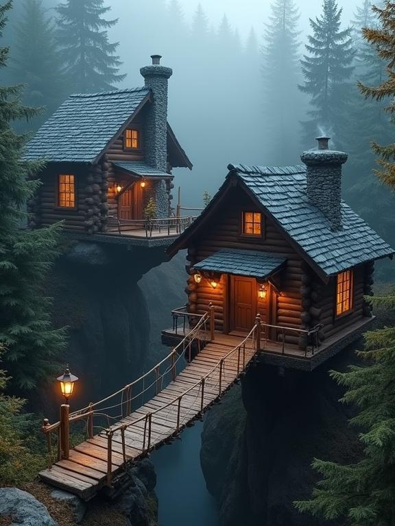 Whimsical scene featuring two log cabins elevated in a misty forest. Cabins built of dark brown logs with steep roofs and stone chimneys. Warm golden glow from windows with smoke rising. Cabins perched on stilts blending into trees. Suspension bridge made of wooden planks with rope railings. Lanterns illuminating the path on the bridge. Gently curving bridge suspended above misty void. Dense forest with tall evergreen trees and ethereal mist. Dark green foliage with hints of lighter green and yellow.