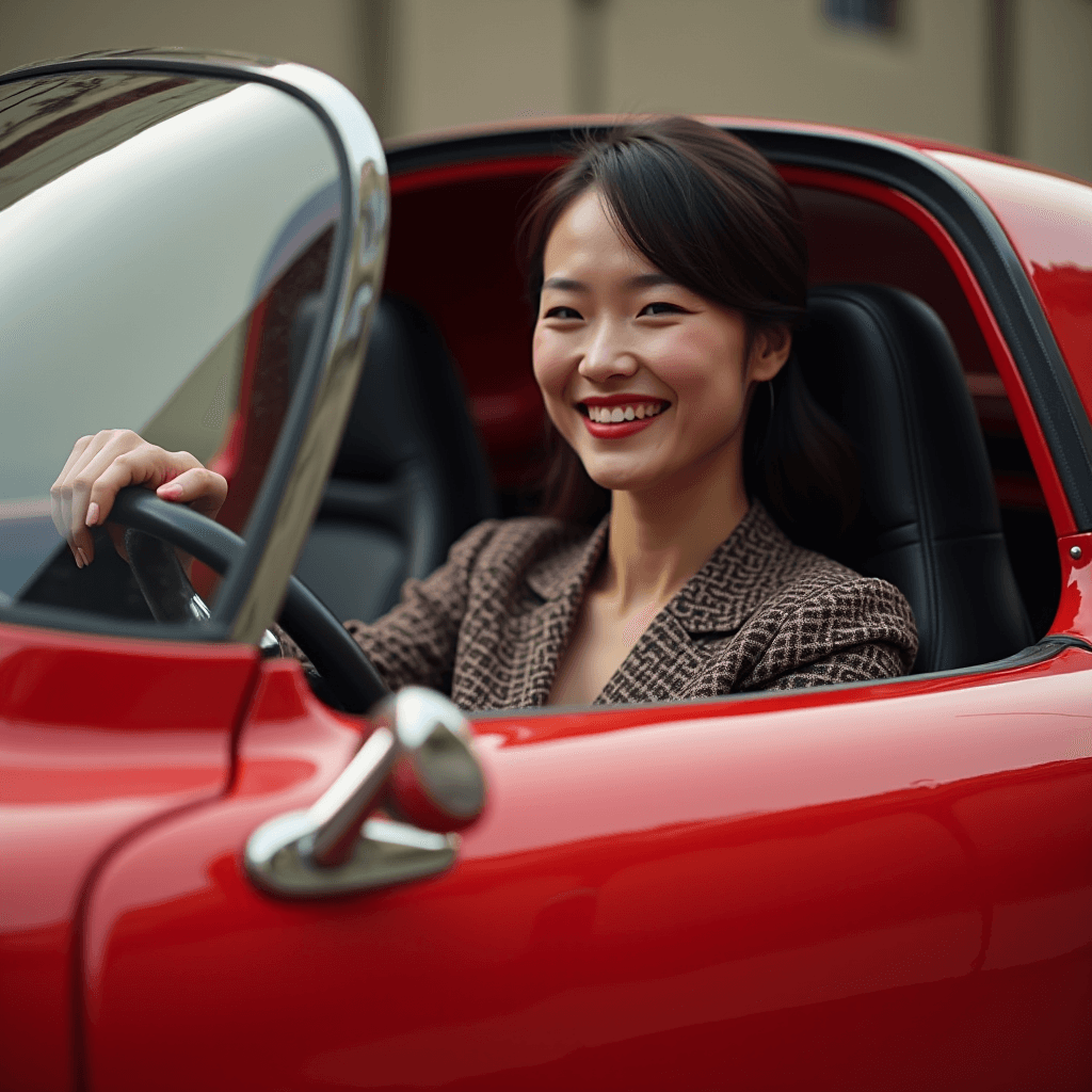 A woman smiles while sitting in a shiny red car.