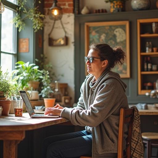 A person is sitting at a wooden table using a laptop. The workspace is filled with plants and artwork. Soft natural light enters through a nearby window. The ambiance is warm and inviting. The person is wearing a cozy sweater. The setting is a home office that promotes comfort.