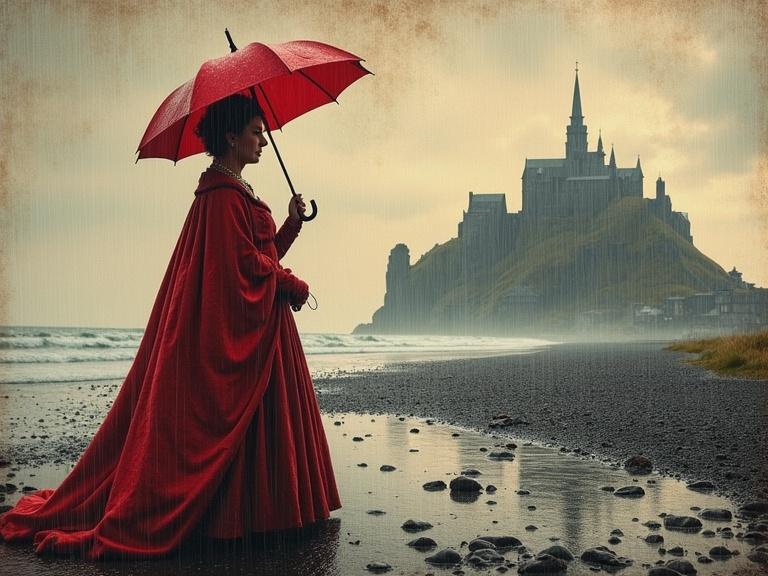 A digital art poster featuring Queen Victoria in a red gown holding a red umbrella at Giant's Causeway during rain. The artwork showcases a dramatic landscape with a castle in the background, inspired by Banksy's style in a quiet luxury aesthetic.