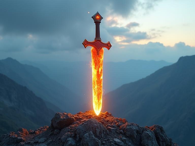 A sword made of fire-like glass sticks out from mountainous ground. The handle is at the top. Ground below the sword glows. Mountains in the back are detailed. Blue and gray clouds cover the sky. Sunlight is faintly visible through clouds in the top right corner.