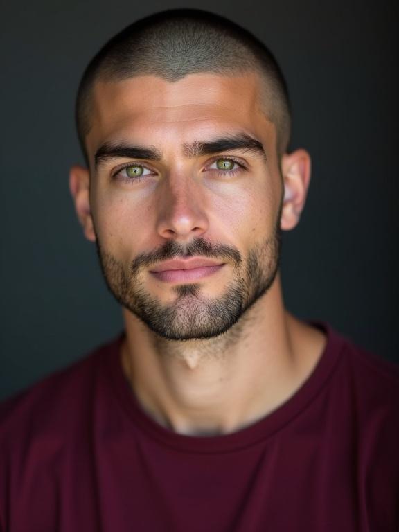Studio portrait photograph of a young man. He has bright green eyes and a shaved beard. The hair on his head is closely shaved. He wears a deep burgundy colored t-shirt. The t-shirt complements his complexion well.
