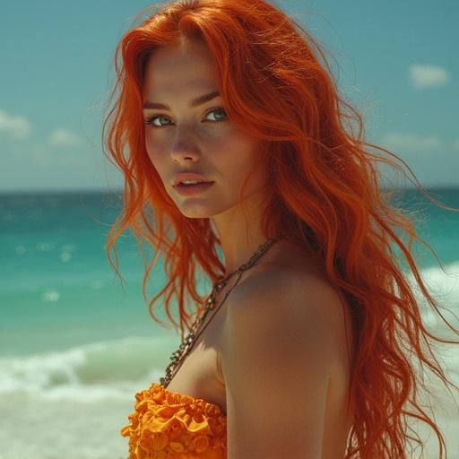 Reimagined character with vibrant orange hair near ocean. Model has a striking appearance with sunlit beach background.