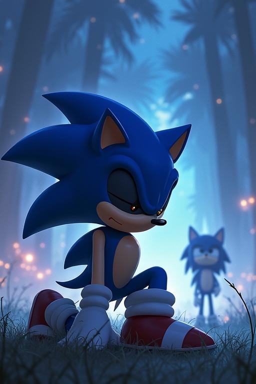 Sonic kneels with eyes shut in a mystical forest scene. Jet watches in the background. Ethereal lighting enhances the atmosphere.