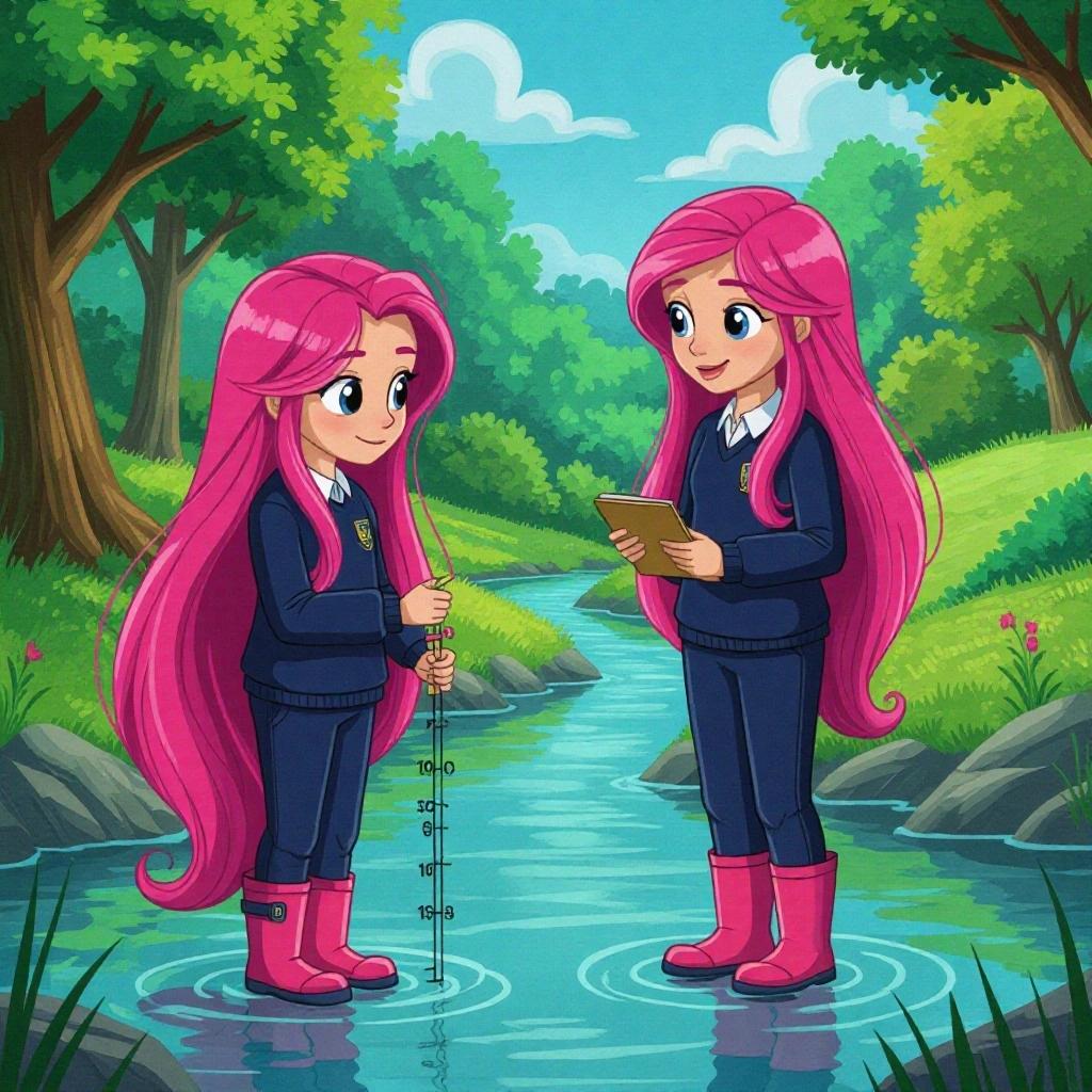 Two animated girls with long pink hair at a river during a geography field trip. One girl measures water depth while another takes notes. Both wear navy-blue school attire and pink wellies. Bright natural setting with trees and clear water.