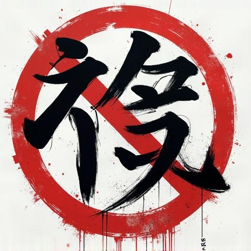 Artwork features a bold Chinese character in black inside a red circle with a slash. The background is white with splashes of paint. The character conveys a message against violence.